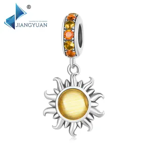 Jiangyuan Keluaran Baru 925 Liontin Matahari Berkilau Perak Murni dengan Batu Permata Kaca Kuning untuk Membuat Perhiasan