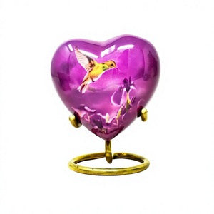 Purple <b>Small</b>/Mini Heart <b>Urn</b> <b>for</b> <b>Human</b> <b>Ashes</b> with Hummingbird Print Decorative <b>Urns</b> with Box & Stand 3 Inches - Product Image 1