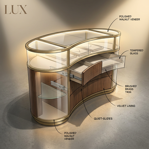 Ensemble de comptoirs de présentation de bijoux LUX incurvés blancs et dorés avec tiroirs pour les boutiques de luxe modernes - Product Image 4