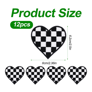12個黒と白のチェッカーボードハート型刺繍パッチジーンズジャケット服と帽子DIYデコレーション - Product Image 5