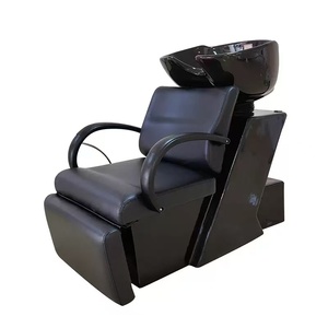 Chaise de lavage de cheveux portable noire moderne pour salon, station de lavage de cheveux avec lavabo en céramique et structure en acier inoxydable pour salon de beauté - Product Image 1