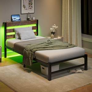 Base de Cama Doble con Plataforma y Cabecera LED con Estación de Carga USB, Diseño Moderno de Acero para Dormitorio - Product Image 3