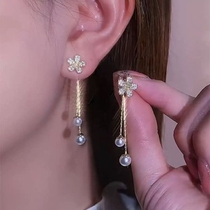 Pendientes <span class=keywords><strong>Largos</strong></span> <span class=keywords><strong>de</strong></span> <span class=keywords><strong>Plata</strong></span> S925 con Perlas y Borlas, Diseño Clásico <span class=keywords><strong>de</strong></span> Aro en Aleación Chapada en Oro, para Compromiso y Boda - Product Image 3