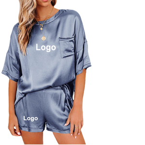 <b>Women's</b> Summer Satin Silky Pajama Set <b>Short</b> Sleeve T-Shirt & <b>Shorts</b> Elastic Waist Closure Solid Color Woven Plain Dyed Sleepwear - Product Image 1