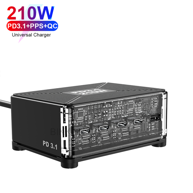 140W 210W PD3.1 GaN Universal Travel Adapter US/EU/UK/AU Type-C 100W Fast Charging 6 Ports Worldwide Laptop Power Phone Charger