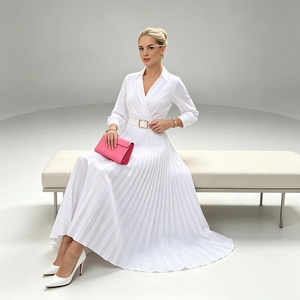 White Pleated Midi <b>Dress</b> Turn-down Collar Three Quarter <b>Sleeve</b> A-Line Woven Casual <b>Summer</b> <b>Dress</b> - Product Image 4
