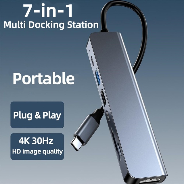 Type C Hub 7 in 1 USB-C to 4K Adapter 100W Power Delivery USB 3.0 USB 2.0 SD/TF Card Reader Multi Port for Work iPhone iPad