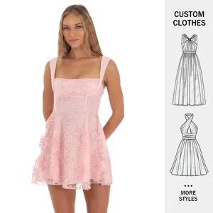 Mini abiti da donna con fiocco plissettato senza schienale Casual elegante e Sexy con increspatura alla schiena in pizzo floreale rosa personalizzato