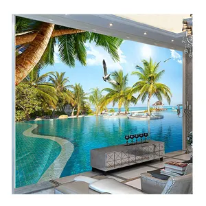 Komnni ảnh hình nền 3D stereo hồ bơi bên bờ biển bức tranh tường phong cảnh phòng khách chủ đề khách sạn nền hình nền