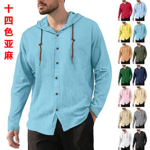 Chemise en lin à capuche pour homme, manches longues, couleur unie, boutonnée, décontractée, respirante, printemps-été, coupe droite - Product Image 5