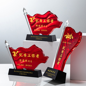 Crystal Flag <b>Trophy</b> With Laser <b>Engraving</b> Custom Commemorative Award For Outstanding Workers Business Gift - Product Image 4