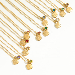 Vintage 18K oro Acero inoxidable <span class=keywords><strong>signo</strong></span> del zodiaco collar <span class=keywords><strong>de</strong></span> piedra natal <span class=keywords><strong>de</strong></span> moda 12 meses piedra <span class=keywords><strong>de</strong></span> nacimiento colgante <span class=keywords><strong>de</strong></span> cristal diseño cuadrado - Product Image 2