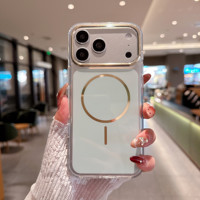 Coque de téléphone magnétique antichoc transparente avec protection d'objectif à grande fenêtre électroplaquée pour iPhone 15 14 13 12 16 17 Pro Max
