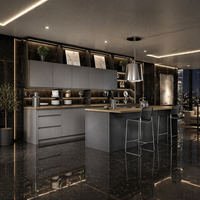 Meubles de cuisine de luxe italiens YALIG en bois foncé avec îlot en marbre noir et table à manger intégrée, mobilier de villa moderne sur mesure
