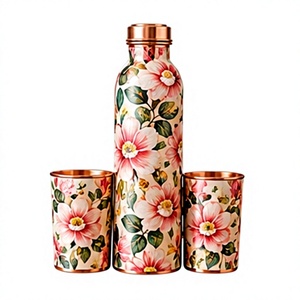 Elegante Juego de Botella de Agua de Cobre con 2 Tazas, Diseño Floral Rosa, Termo Metálico para Viaje - Product Image 1