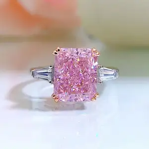 Anel de prata esterlina 925 banhado a ouro 18K 2ct corte radiante rosa zircão cúbico para mulheres joia da moda 2024