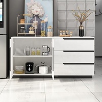 Buffet blanc brillant avec 3 tiroirs, portes et base surélevée pour salle à manger, salon, hôtel, ou comme credence