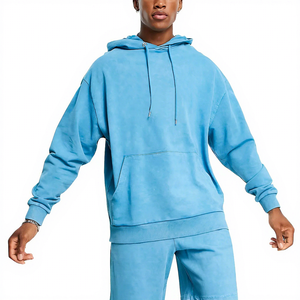Sudadera con Capucha Azul Claro para Hombre, Corte Holgado, Color Sólido, Diseño Casual con Bolsillos Tejidos, Ropa de Otoño - Product Image 1