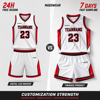Camiseta de Baloncesto Personalizada Reversible con Estampado, Juvenil, Negra, Blanca y Roja, Sublimada, Transpirable, que Absorbe la Humedad, 100% Poliéster, Cuello en V