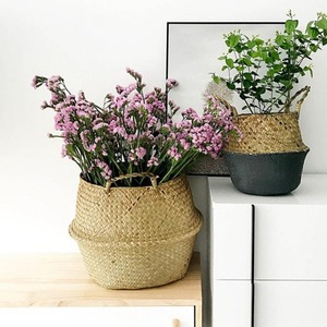 Plush Woven Seagrass Tote Belly Baskets Storage Plant Basket, Plant Pot Cover, Beach Bag Boho Basket Huangtu Natural Plant Fiber