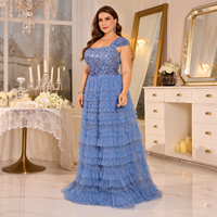 Robes de Soirée Élégantes Bleu Poussière en Gros, Broderies Pailletées, Manches Courtes, Tulle Superposé, Robes de Bal et de Fête Grandes Tailles