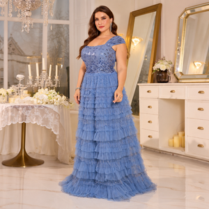 Abiti da sera eleganti blu polvere all'ingrosso con paillettes ricamate, maniche a cappuccio e tulle a strati, per feste e balli, taglie forti - Product Image 3
