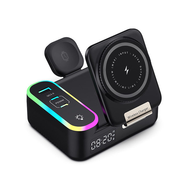 Factory Private Model Wireless Charger Built-in Retractable Cable Multi-port (1 + 2 Type-C) Foldable Design Magnetic Earphone