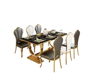 Dining Table and 6 Chair Set Luxury Modern Restaurant Dining Room Table Glass Mdf Wooden Top Round Dining Table Set