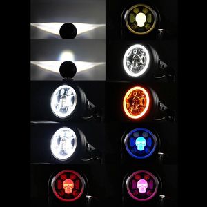 ヴィンテージカフェレーサークルーザー用の7インチオートバイヘッドライトLEDランニングランプカラフルなDRLRGBスカルエンジェルアイ - Product Image 3