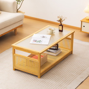 Table basse en bois massif avec plateau en verre et étagère de rangement pour salon, design rectangulaire de style japonais moderne - Product Image 3