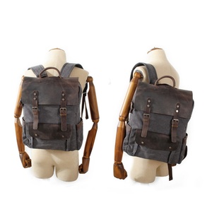 Wholesale Retro Academic Wild Horse Leather Trim Decoration <b>Laptop</b> Compartment Waterproof College Rucksack Canvas <b>Backpack</b> - Product Image 2