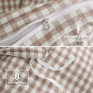 Parure de lit de luxe en coton lavé aspect lin, motif Gingham, douce et respirante, avec taies <span class=keywords><strong>d</strong></span>'<span class=keywords><strong>oreiller</strong></span>, taille Queen, couleur Tan, pour chambre à coucher - Product Image 6