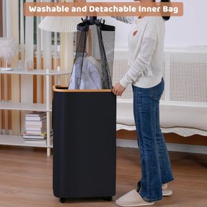 100L Space Saving Collapsible <b>Laundry</b> <b>Basket</b> <b>with</b> <b>Wheels</b> and Removable Wash Bag Cotton Blend Material - Product Image 3