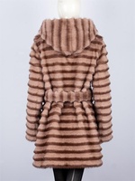 Manteau en fausse fourrure rayé à capuche pour femme Zeyu, ceinturé, mi-long, chaud, d'hiver, duveteux, élégant, veste pour femme, manteaux en fausse fourrure écologique