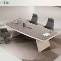 Table de conférence exécutive moderne incurvée pour 10 personnes, table de salle de réunion avec plateau en bois grainé et base en panneau métallique