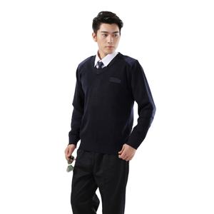 Gilet de sécurité en gros à col en V, pull d'hiver pour hommes du personnel, bleu marine et noir, avec écusson - Product Image 1