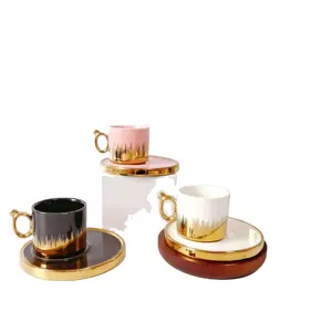 Luxury style electroplating ceramic coffee tea sets Arabian Turkey export gold-plated tea cups with saucer set gift box package