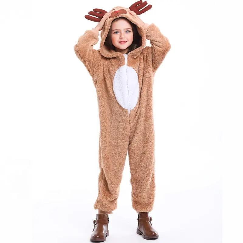 बच्चों Hooded हिरण Cosplay Jumpsuit पजामा लड़की बच्चे क्रिसमस क्रिसमस एल्क हिरन कॉस्टयूम