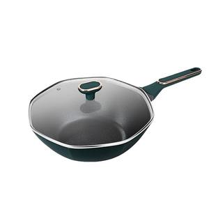 Wok antiadhésif AUX 30 cm à fond plat octogonal pour cuisinières à gaz et à induction, poêle à frire avec couvercle en verre - Product Image 1