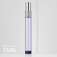 Flacon de parfum en verre vide personnalisé en gros, 35 ml, avec capuchon métallique argenté, style arabe, atomiseur cylindrique violet de luxe rechargeable