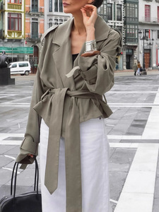 Jxwatcher Spring Autumn Fashion Cropped Double Breasted Button Windbreaker <strong>Coat</strong> Long Sleeves Belted <strong>Trench</strong> <strong>Coat</strong> Short for <strong>Women</strong> - Product Image 2