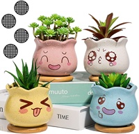 Pot Bunga Keramik Mini Desain Kartun Lucu untuk Sukulen Kaktus, Pot Silinder Kecil untuk Berkebun Dalam Ruangan