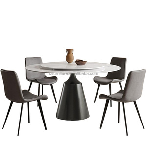 Table à manger ronde de luxe à motif marbré avec plateau tournant en pierre blanche, base évasée noire, 6-8 places, mobilier de restaurant et d'hôtel - Product Image 4