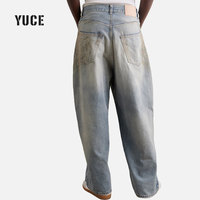 Jeans en denim bleu clair délavé en gros pour hommes, effet vintage délavé, pantalon baggy, lavage à la pierre, déchiré, pantalon de haute qualité