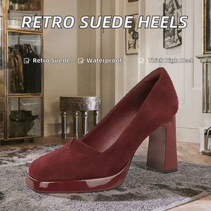 Zapatos de Tacón Alto Retro de Alta Calidad con Punta Cuadrada de Gamuza para Mujer, Estilo Mary Jane, Impermeables, con Plataforma y Tacón Grueso, para Primavera - Product Image 2