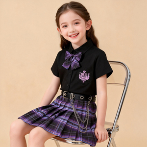 Set Uniforme Scolastica per Ragazze delle Scuole Elementari, Gonna Plissettata a Quadri Stile JK e Britannico con Camicia a Maniche Corte/Lunghe per Tutte le Stagioni - Product Image 2