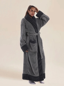 Albornoz Largo de Sherpa Grueso y Esponjoso con Cuello Chal y Ribete en Contraste Cálido, Sin Capucha, <span class=keywords><strong>Para</strong></span> <span class=keywords><strong>Parejas</strong></span>, Ideal <span class=keywords><strong>para</strong></span> el Hogar, Hotel y Descanso Nocturno - Product Image 6