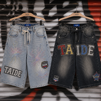 Shorts en jean amples TaiDe OEKO-TEX pour hommes, avec strass, lettres multicolores et écussons étoiles, effet délavé, Jorts personnalisés, fabricant ODM en gros