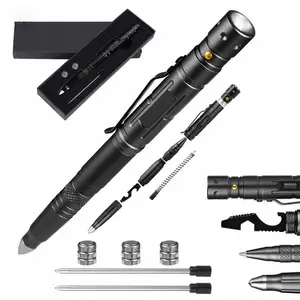 Portable poche Stylo Tactique Avec Couteau LED Lumière Pour L'autodéfense Disjoncteur extérieur Multi-outil stylo