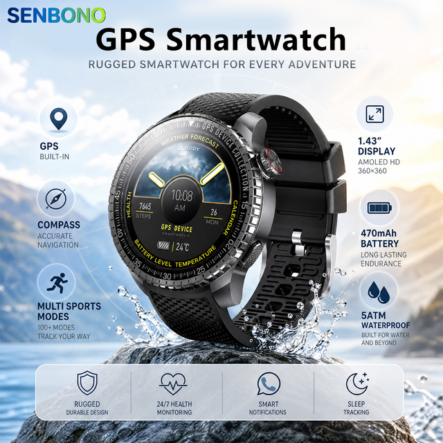 SENBONO MAX88 GPS Smartwatch Equipped with Dual-frequency GPS Compass Fitness Tracker 5 ATM Water Proof Gps Smart Watch for Men